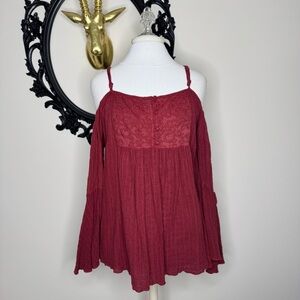 Black Swan Burgundy Long Bell Sleeves Cold Shoulder Boho Style Top